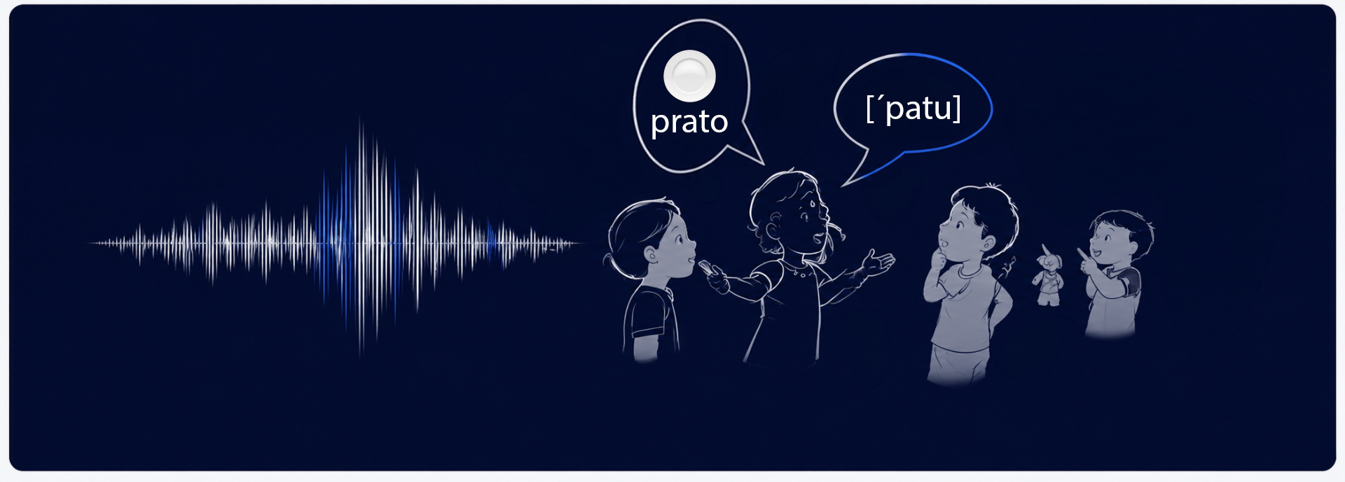 Illustration of children communicating with phonetic symbols and audio waveform
