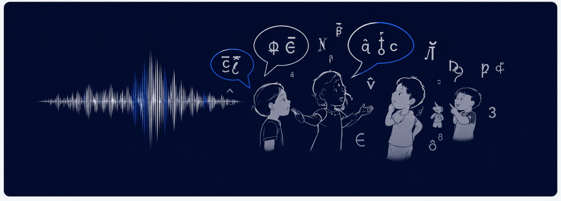 Illustration of children communicating with phonetic symbols and audio waveform